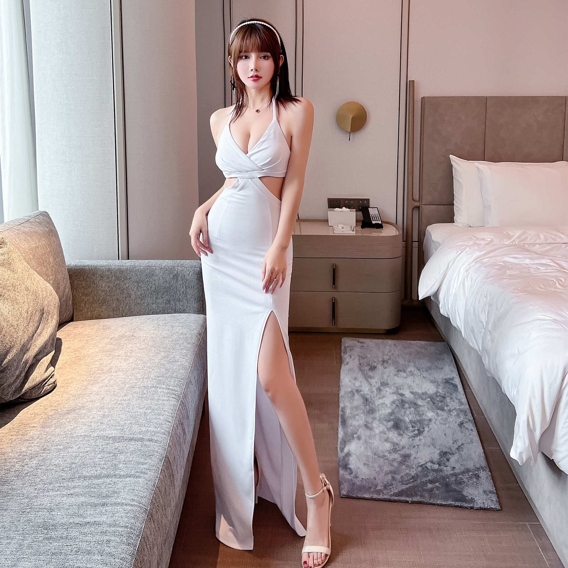 Beauty Women Halter Neck Deep V Sling Spaghetti Straps Side Split Backless Evening Long Dress
