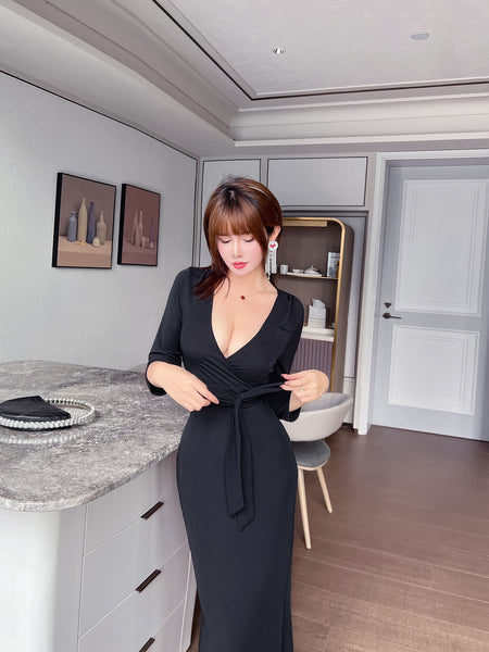 Sexy Gorgeous Hot Women Black Classic Deep V Neck Half Sleeves Maxi Dinner Long Dress