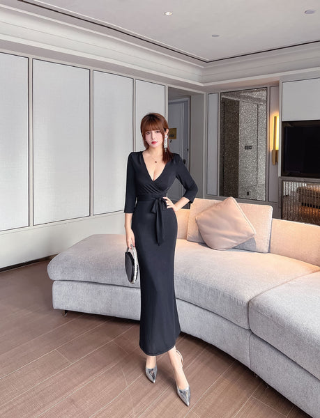 Sexy Gorgeous Hot Women Black Classic Deep V Neck Half Sleeves Maxi Dinner Long Dress