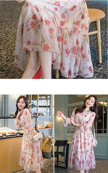 Temperament Sparkly Women Beauty Ladies Pleated Waist Printed Floral Long Sleeves Cake Dress
