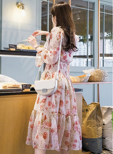 Temperament Sparkly Women Beauty Ladies Pleated Waist Printed Floral Long Sleeves Cake Dress