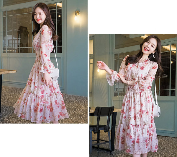 Temperament Sparkly Women Beauty Ladies Pleated Waist Printed Floral Long Sleeves Cake Dress