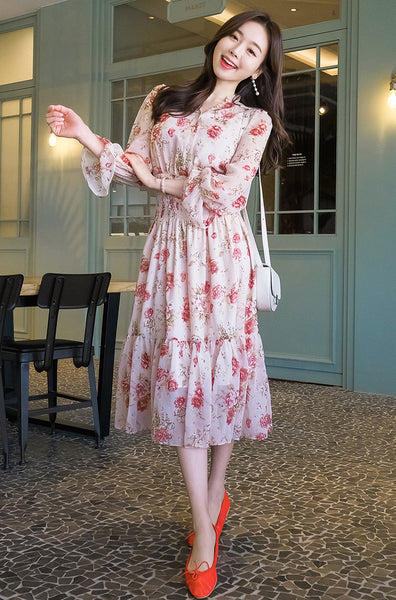 Temperament Sparkly Women Beauty Ladies Pleated Waist Printed Floral Long Sleeves Cake Dress