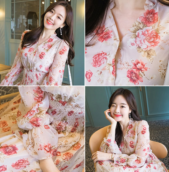 Temperament Sparkly Women Beauty Ladies Pleated Waist Printed Floral Long Sleeves Cake Dress