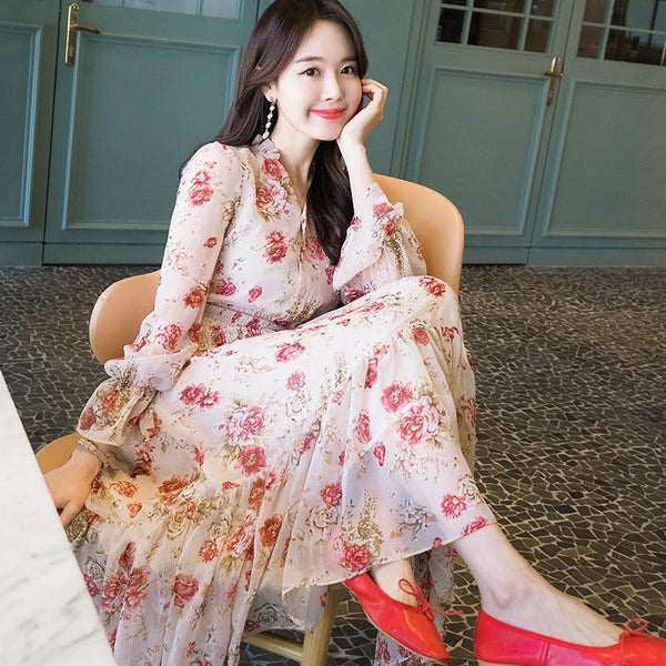 Temperament Sparkly Women Beauty Ladies Pleated Waist Printed Floral Long Sleeves Cake Dress