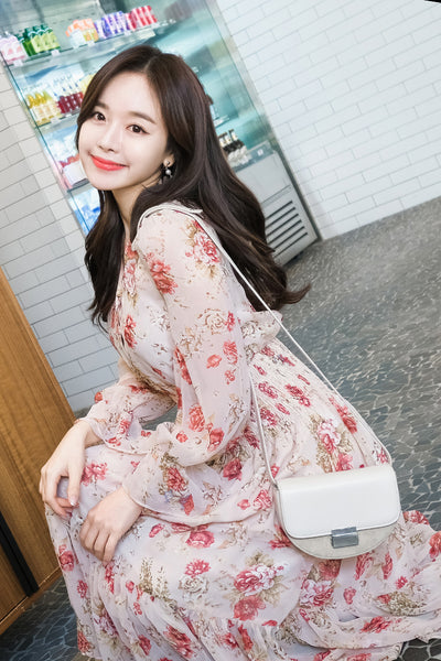 Temperament Sparkly Women Beauty Ladies Pleated Waist Printed Floral Long Sleeves Cake Dress