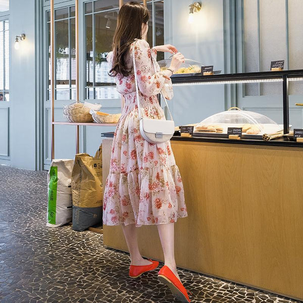 Temperament Sparkly Women Beauty Ladies Pleated Waist Printed Floral Long Sleeves Cake Dress