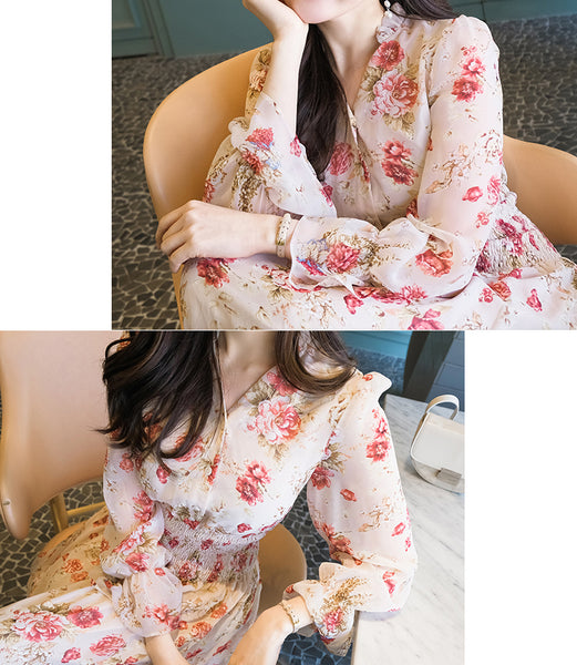 Temperament Sparkly Women Beauty Ladies Pleated Waist Printed Floral Long Sleeves Cake Dress