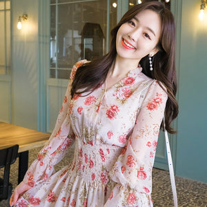 Temperament Sparkly Women Beauty Ladies Pleated Waist Printed Floral Long Sleeves Cake Dress