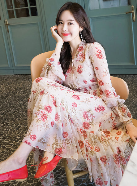 Temperament Sparkly Women Beauty Ladies Pleated Waist Printed Floral Long Sleeves Cake Dress