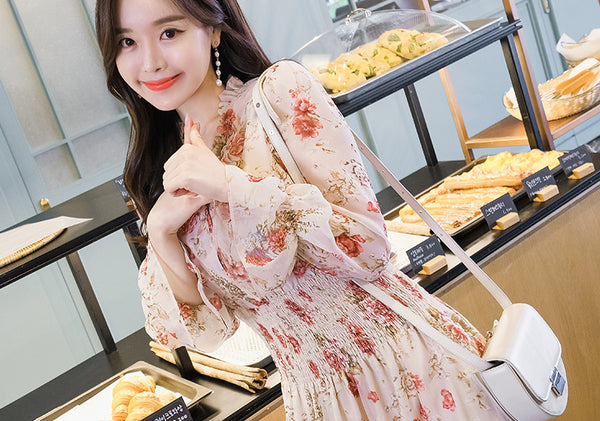 Temperament Sparkly Women Beauty Ladies Pleated Waist Printed Floral Long Sleeves Cake Dress