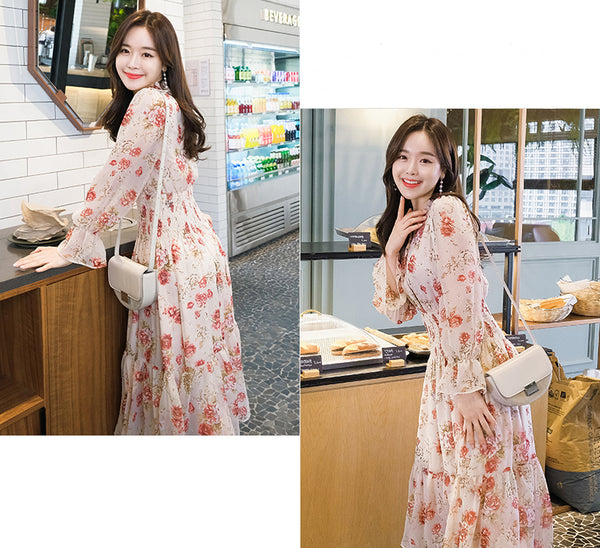 Temperament Sparkly Women Beauty Ladies Pleated Waist Printed Floral Long Sleeves Cake Dress
