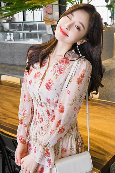 Temperament Sparkly Women Beauty Ladies Pleated Waist Printed Floral Long Sleeves Cake Dress