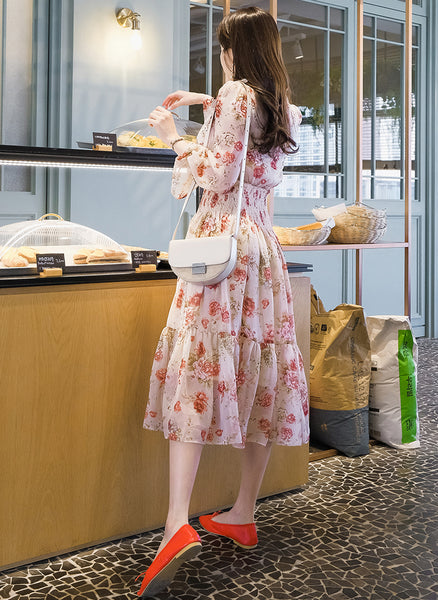 Temperament Sparkly Women Beauty Ladies Pleated Waist Printed Floral Long Sleeves Cake Dress