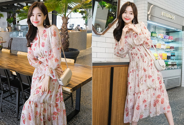 Temperament Sparkly Women Beauty Ladies Pleated Waist Printed Floral Long Sleeves Cake Dress