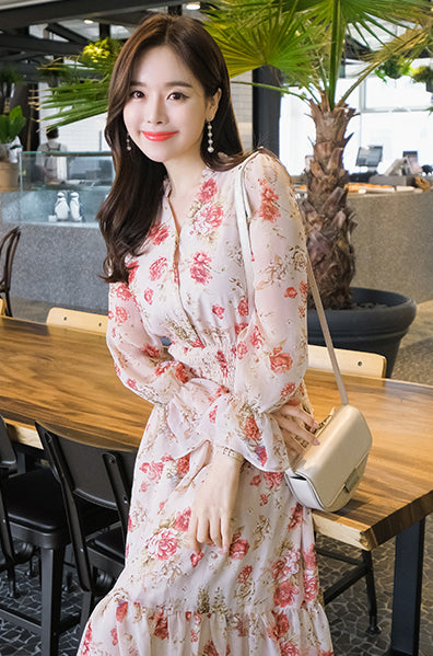 Temperament Sparkly Women Beauty Ladies Pleated Waist Printed Floral Long Sleeves Cake Dress