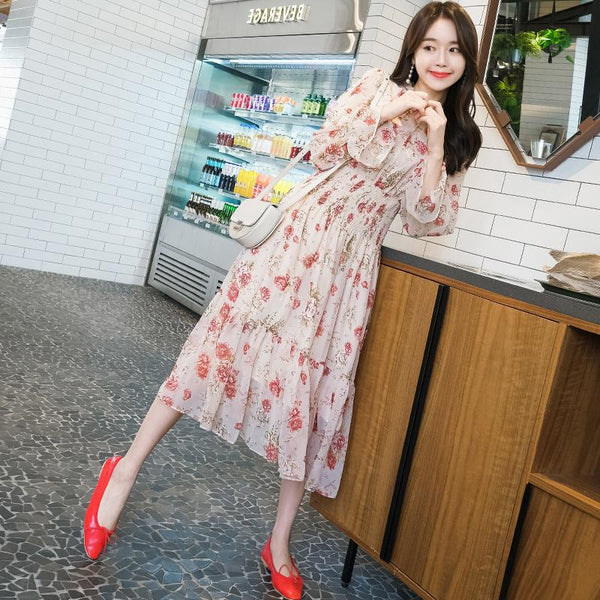 Temperament Sparkly Women Beauty Ladies Pleated Waist Printed Floral Long Sleeves Cake Dress