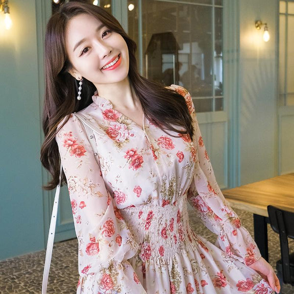 Temperament Sparkly Women Beauty Ladies Pleated Waist Printed Floral Long Sleeves Cake Dress