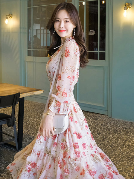 Temperament Sparkly Women Beauty Ladies Pleated Waist Printed Floral Long Sleeves Cake Dress