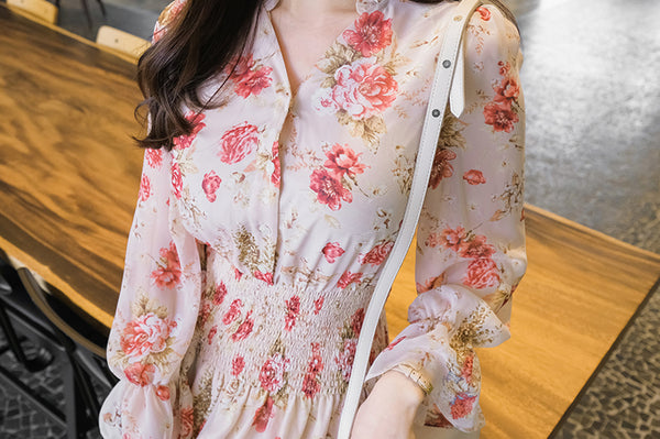 Temperament Sparkly Women Beauty Ladies Pleated Waist Printed Floral Long Sleeves Cake Dress