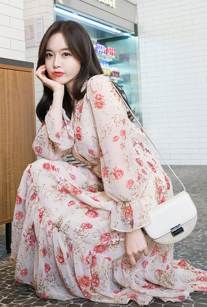 Temperament Sparkly Women Beauty Ladies Pleated Waist Printed Floral Long Sleeves Cake Dress