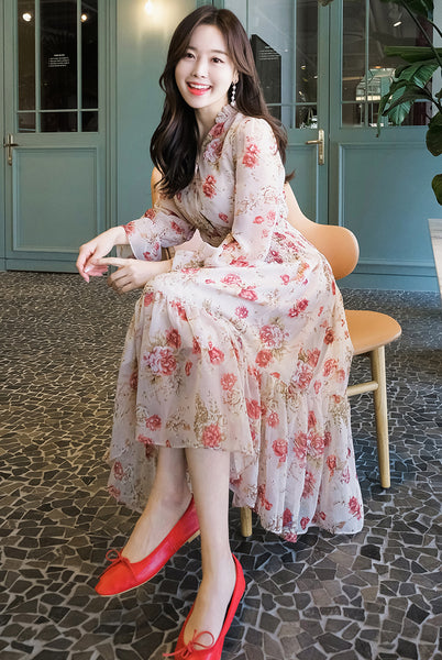 Temperament Sparkly Women Beauty Ladies Pleated Waist Printed Floral Long Sleeves Cake Dress