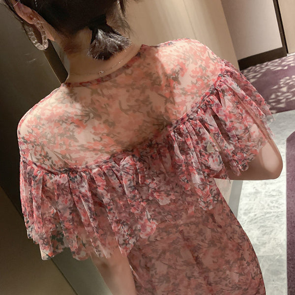 Summer Charm Women Fairy French Romantic Style Flower Floral Printed Hollowed Out VNeck Fishtail Dress