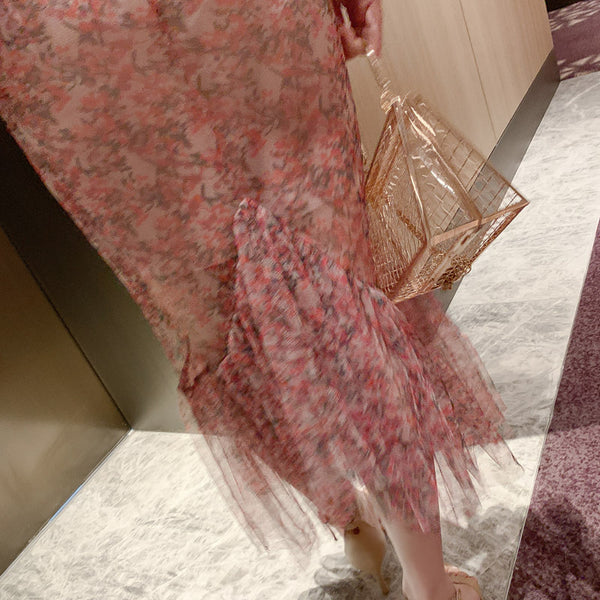 Summer Charm Women Fairy French Romantic Style Flower Floral Printed Hollowed Out VNeck Fishtail Dress