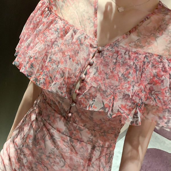 Summer Charm Women Fairy French Romantic Style Flower Floral Printed Hollowed Out VNeck Fishtail Dress