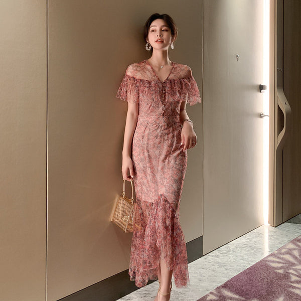 Summer Charm Women Fairy French Romantic Style Flower Floral Printed Hollowed Out VNeck Fishtail Dress
