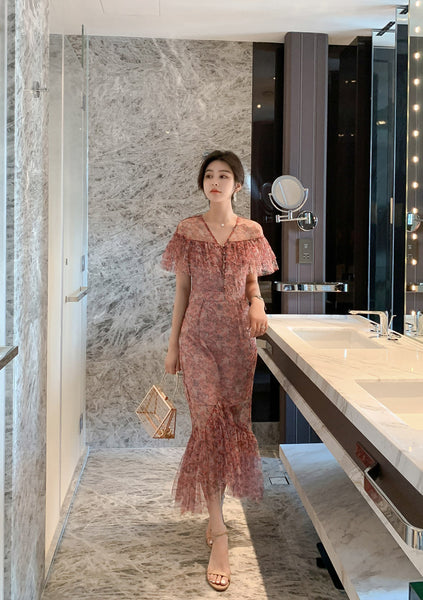 Summer Charm Women Fairy French Romantic Style Flower Floral Printed Hollowed Out VNeck Fishtail Dress