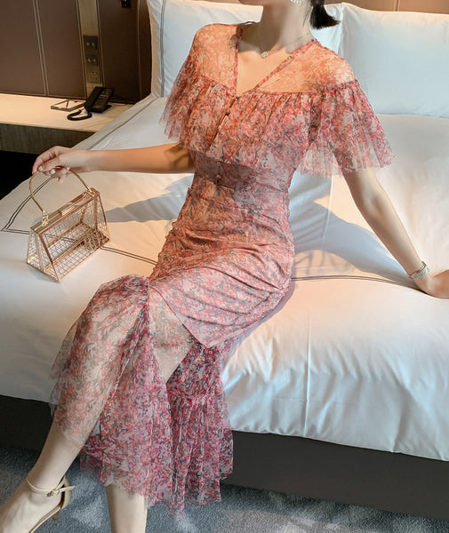 Summer Charm Women Fairy French Romantic Style Flower Floral Printed Hollowed Out VNeck Fishtail Dress