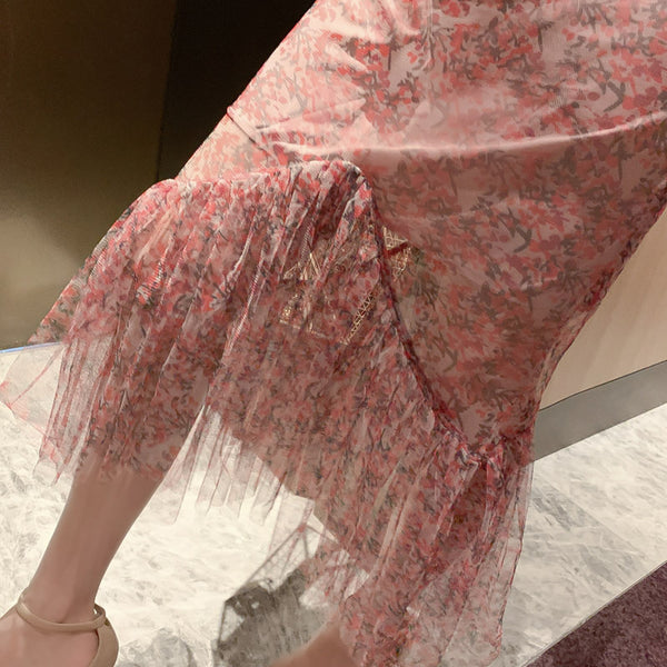 Summer Charm Women Fairy French Romantic Style Flower Floral Printed Hollowed Out VNeck Fishtail Dress
