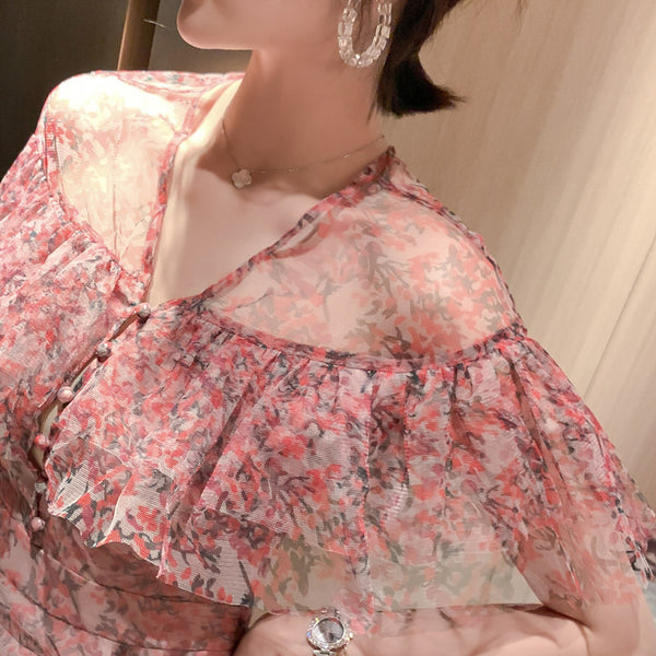 Summer Charm Women Fairy French Romantic Style Flower Floral Printed Hollowed Out VNeck Fishtail Dress