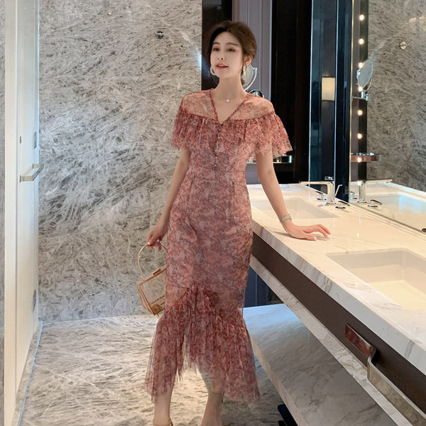 Summer Charm Women Fairy French Romantic Style Flower Floral Printed Hollowed Out VNeck Fishtail Dress