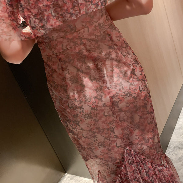 Summer Charm Women Fairy French Romantic Style Flower Floral Printed Hollowed Out VNeck Fishtail Dress