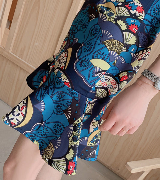 Summer Women Dignified Retro Chinese Style Short Ruffled Fishtail Dress