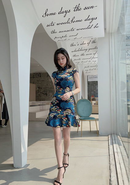 Summer Women Dignified Retro Chinese Style Short Ruffled Fishtail Dress