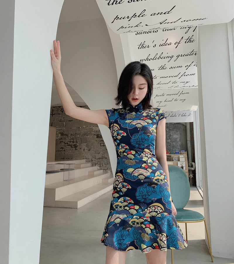 Summer Women Dignified Retro Chinese Style Short Ruffled Fishtail Dress