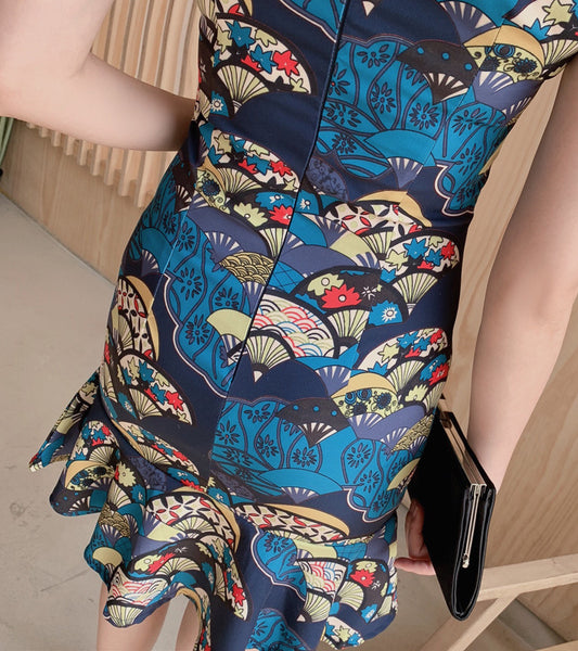 Summer Women Dignified Retro Chinese Style Short Ruffled Fishtail Dress