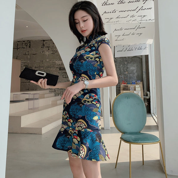 Summer Women Dignified Retro Chinese Style Short Ruffled Fishtail Dress