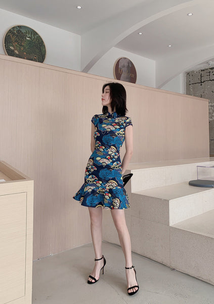 Summer Women Dignified Retro Chinese Style Short Ruffled Fishtail Dress