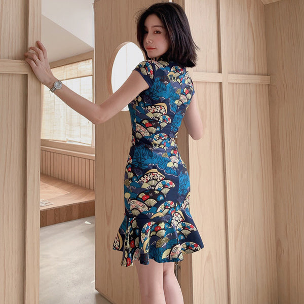 Summer Women Dignified Retro Chinese Style Short Ruffled Fishtail Dress