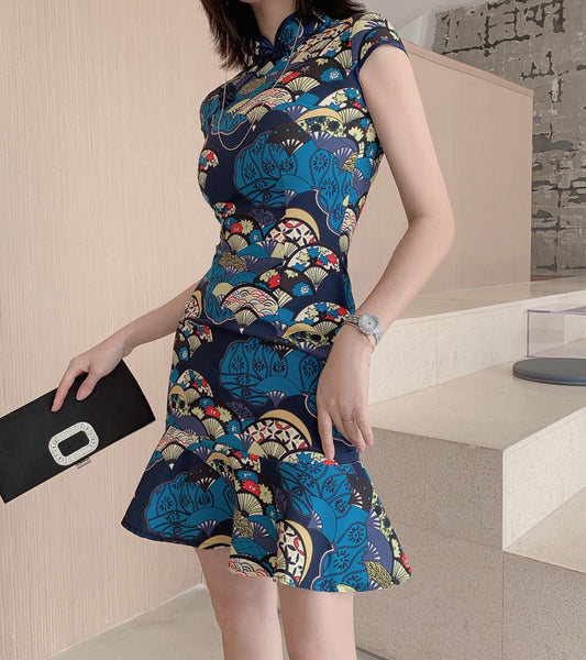 Summer Women Dignified Retro Chinese Style Short Ruffled Fishtail Dress
