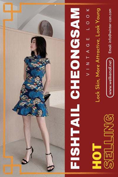 Summer Women Dignified Retro Chinese Style Short Ruffled Fishtail Dress