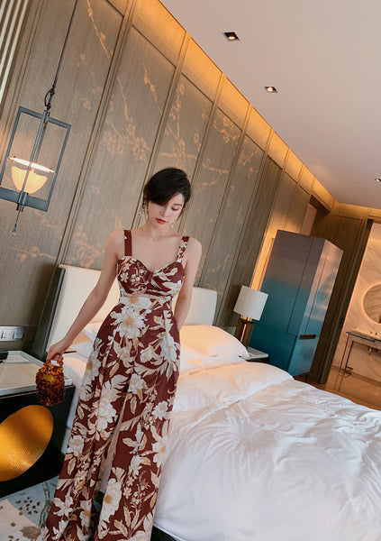 European American Style Women Retro Printed Drawstring Straight Tube One Piece Wide Leg Bodysuit Jumpsuit