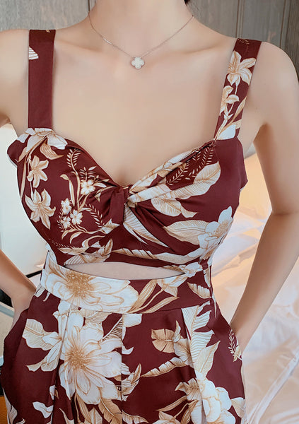 European American Style Women Retro Printed Drawstring Straight Tube One Piece Wide Leg Bodysuit Jumpsuit