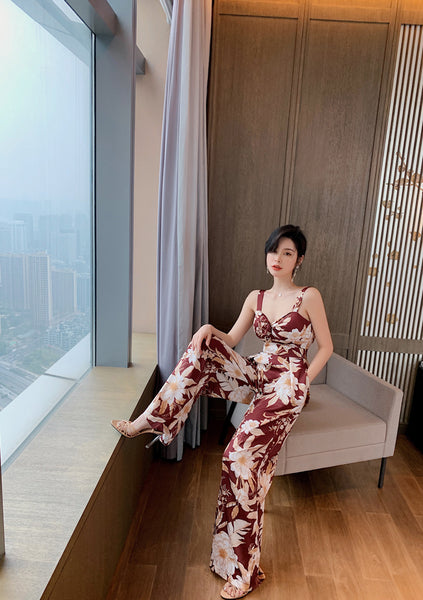 European American Style Women Retro Printed Drawstring Straight Tube One Piece Wide Leg Bodysuit Jumpsuit
