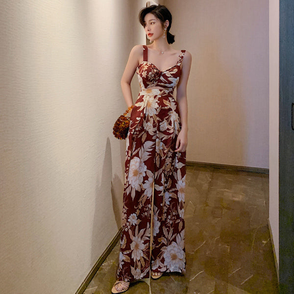 European American Style Women Retro Printed Drawstring Straight Tube One Piece Wide Leg Bodysuit Jumpsuit