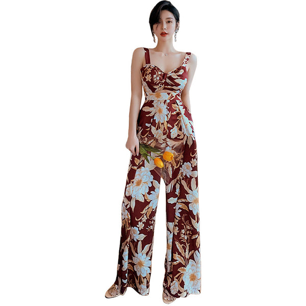 European American Style Women Retro Printed Drawstring Straight Tube One Piece Wide Leg Bodysuit Jumpsuit